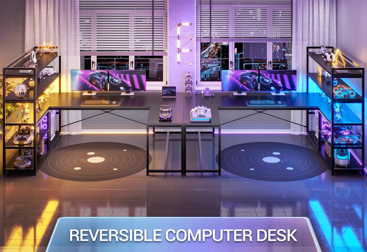 SEDETA L Shaped Gaming Desk, 63'' Reversible Computer Desk with Power Outlet and Storage Shelves, Corner Gaming Desk with LED Lights, Bookshelf for Home Office, Black SEDETA
