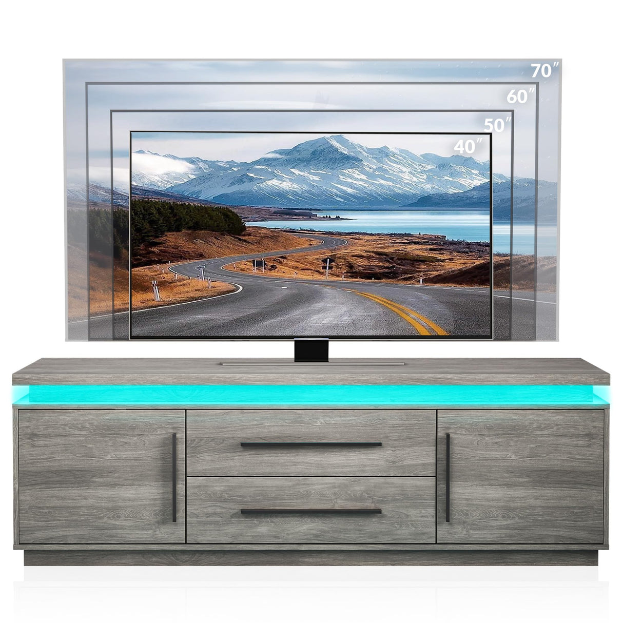 BELLEZE 67" TV Stand for TV up to 75", Modern Entertainment Center with LED Lights Change to Melody of Music, Media Console Table with Cabinets and Drawers for Living Room, Bedroom - Studio (Grey) BELLEZE