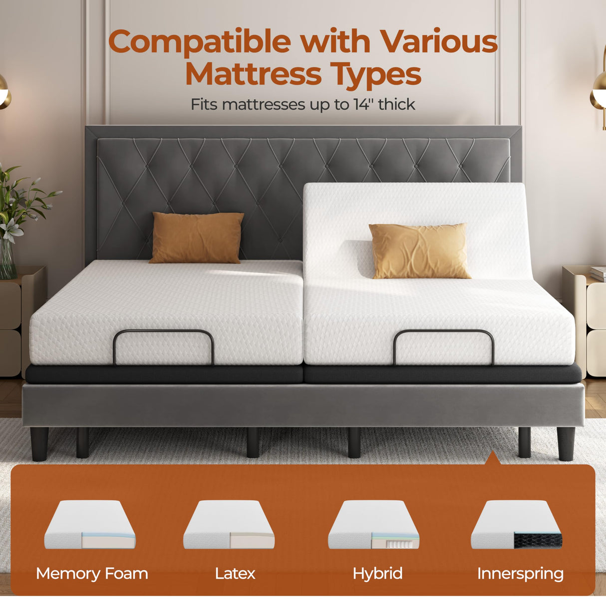 Yaheetech Split King Adjustable Bed Frame,w/Wireless Remote,Massage Function,Nightlight,4 Height-Adjustable Legs,Head & Foot Incline,4 USB Ports,Easy Assembly Yaheetech