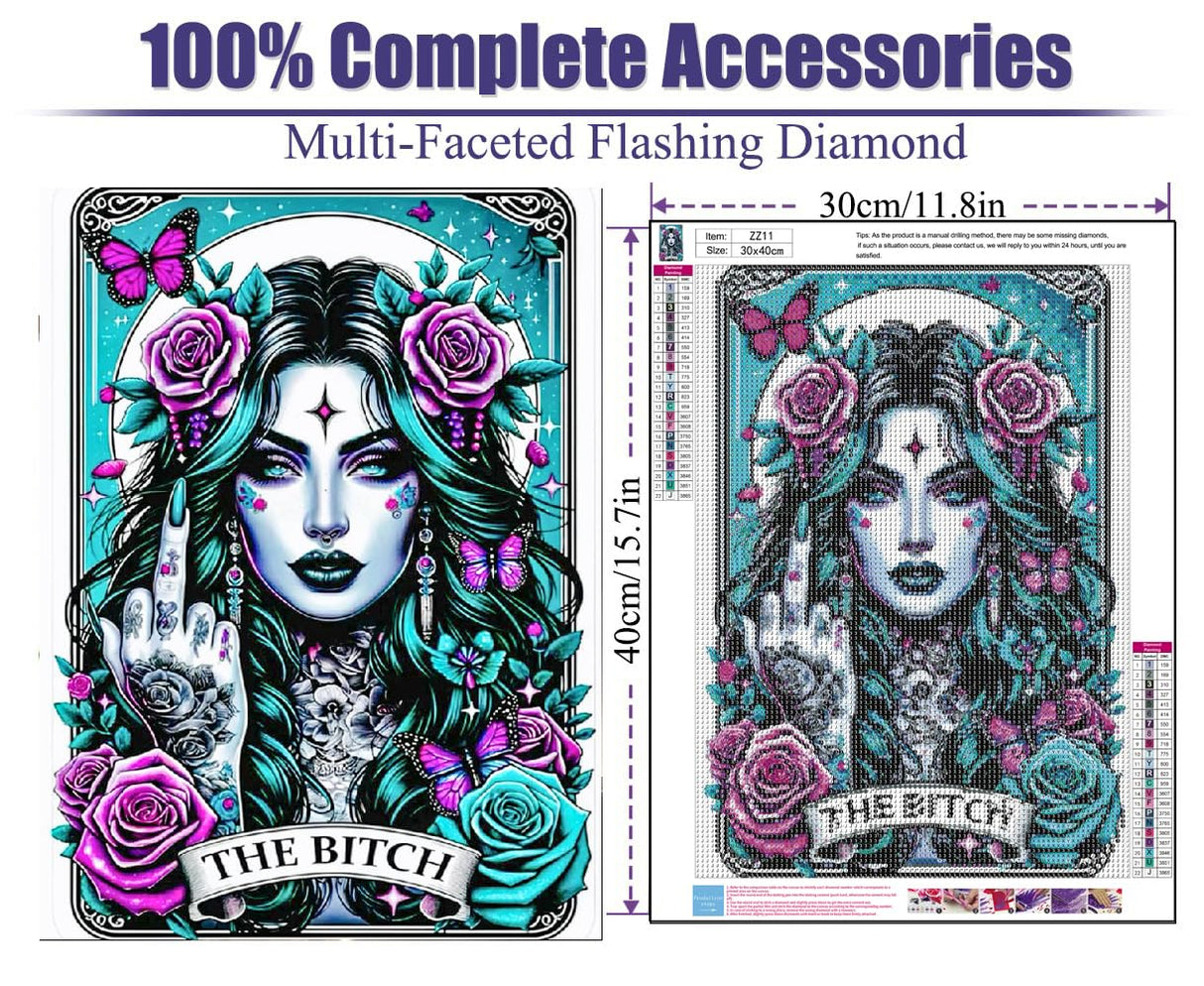 Gothic Diamond Art Kits for Adults-The Bitch Tarot Diamond Painting Kits for Adults Beginners, 5D DIY Full Drill Round Rhinestone Gem Art Crafts Paintings for Home Wall Decor 12"x16" GQYCZZ