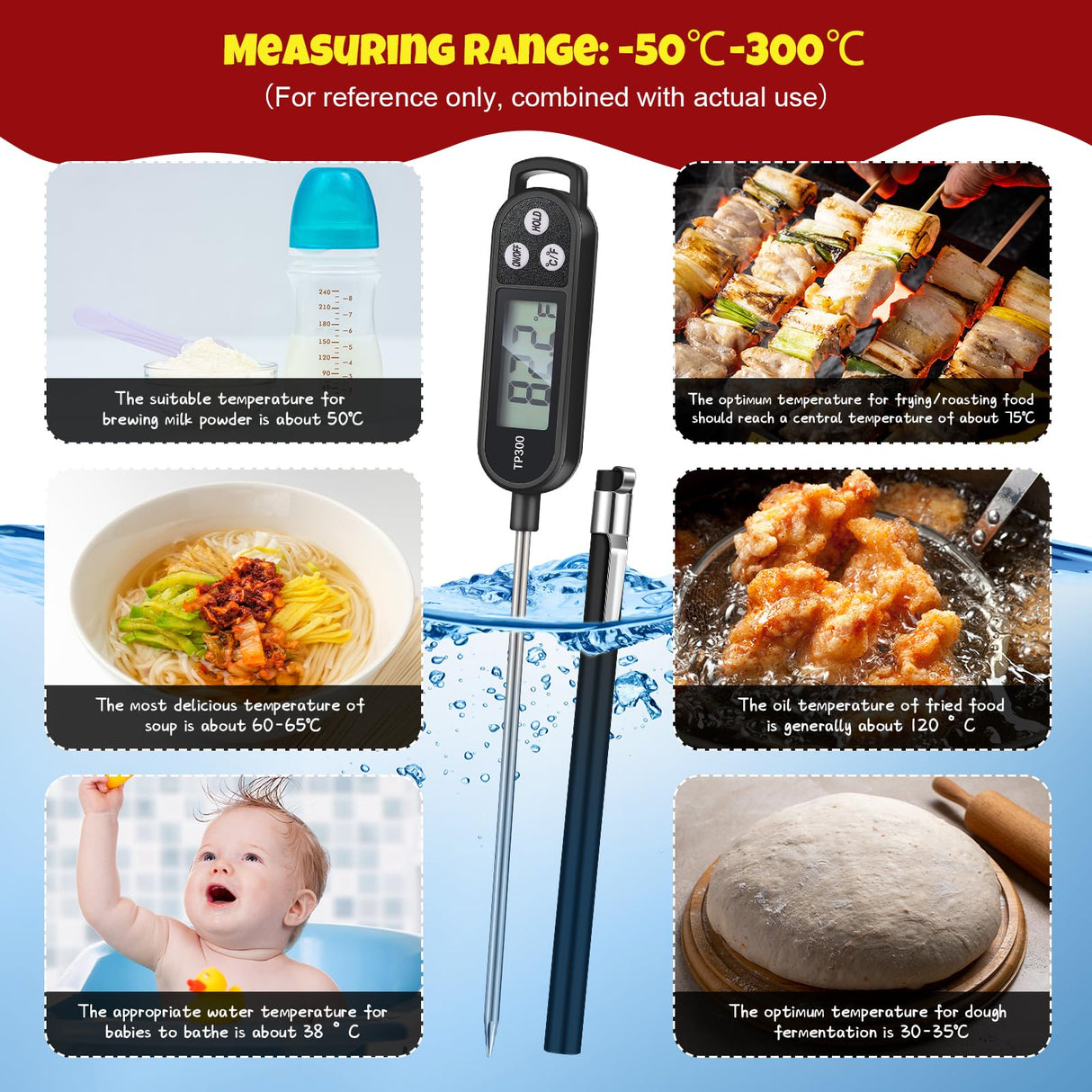 Copkim Waterproof Food Thermometer with Long Probe Digital Meat Thermometer for Water, Liquid, Candle and Cooking Instant Read for Kitchen BBQ Grill Candy(Black,White,Red) Copkim