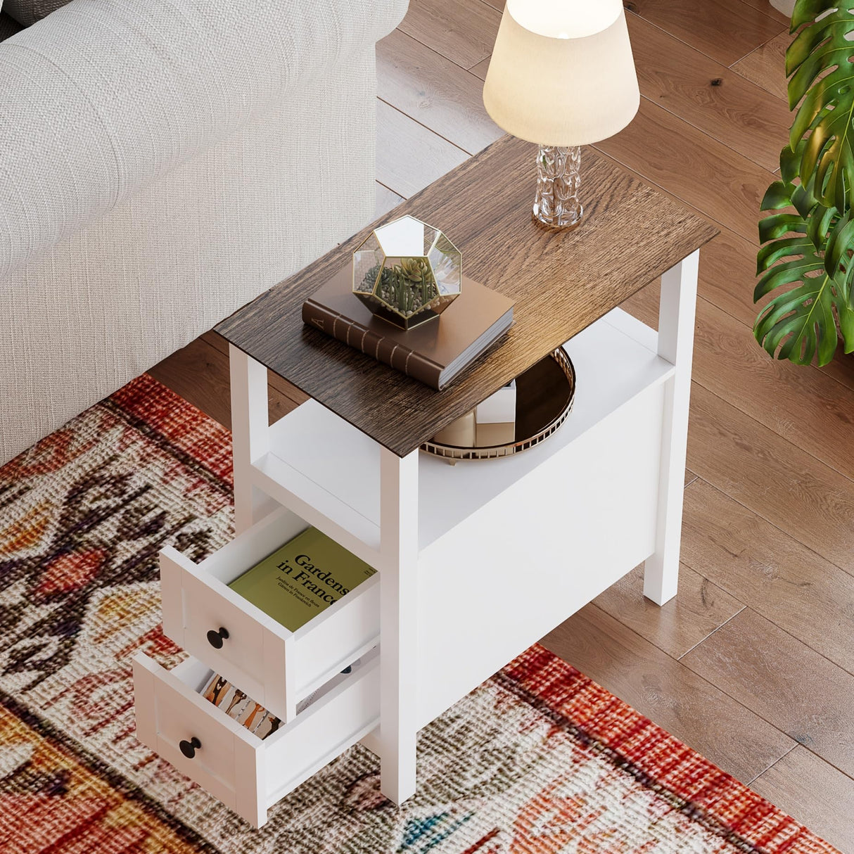 ChooChoo Farmhouse End Tables Set of 2, 3-Tier Narrow Nightstand with 2 Drawers, Slim Bedside Tables with Open Shelf for Small Space Living Room,White ChooChoo