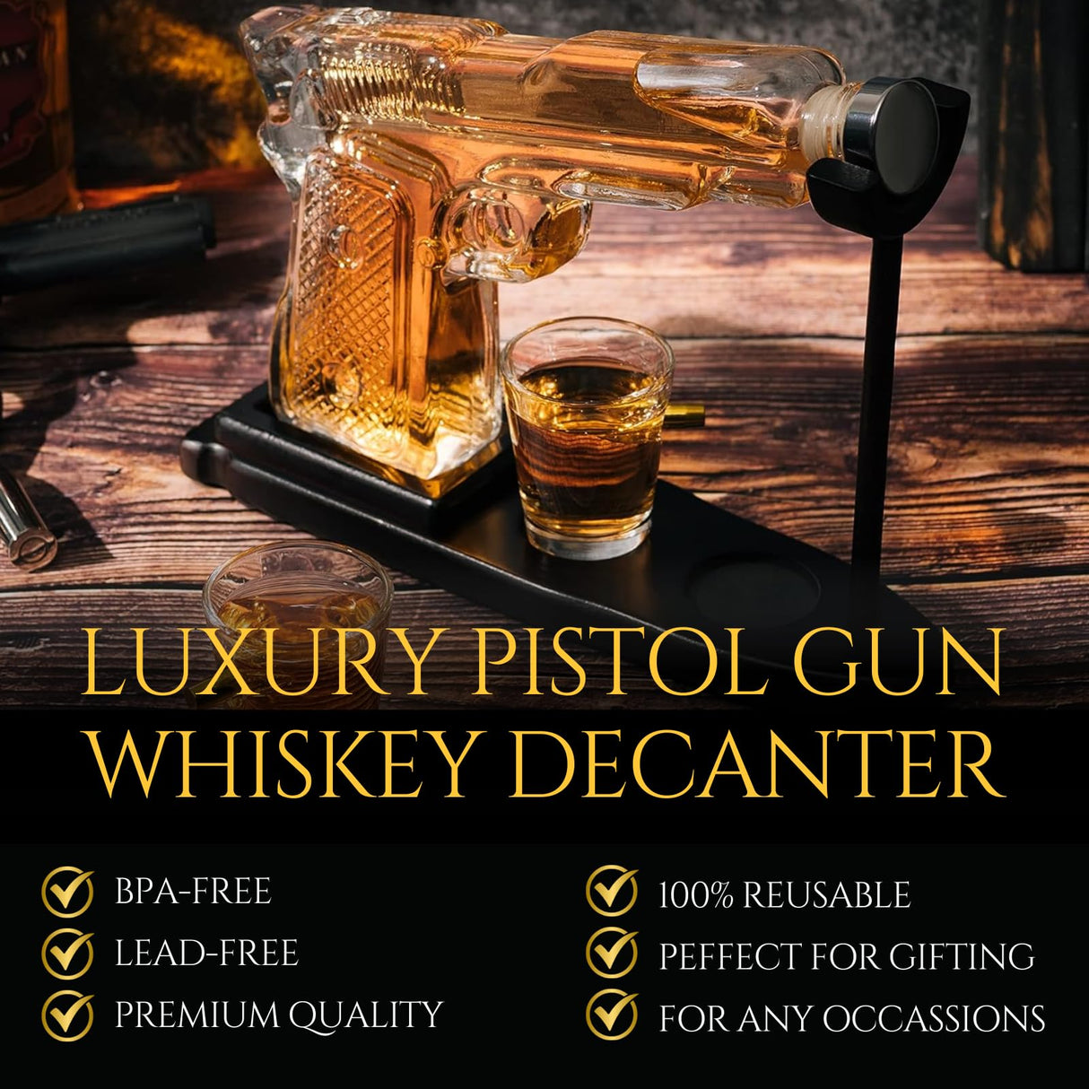 Gifts for Men Dad, 10.1 Oz Whiskey Gun Decanter Set + 2 Bullet Glasses - Unique Birthday Pistol Gift Ideas Daughter Son, Personalized Liquor Dispenser - Scotch Bourbon Vodka, Him, Brother Husband The Wine Savant