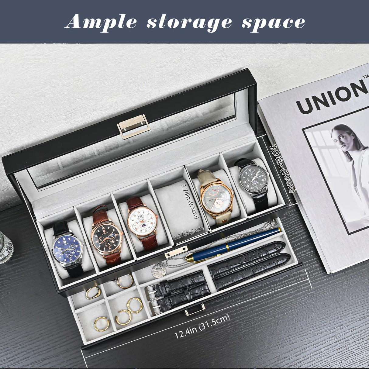 ProCase Watch Box for Men, 6 Slot Watch Display Case with Drawer, Mens Watch Case With Glass Lid, 2-Layer Jewelry and Watch Storage Watch Holder Organizer for Men Women -6 Slot, Black ProCase