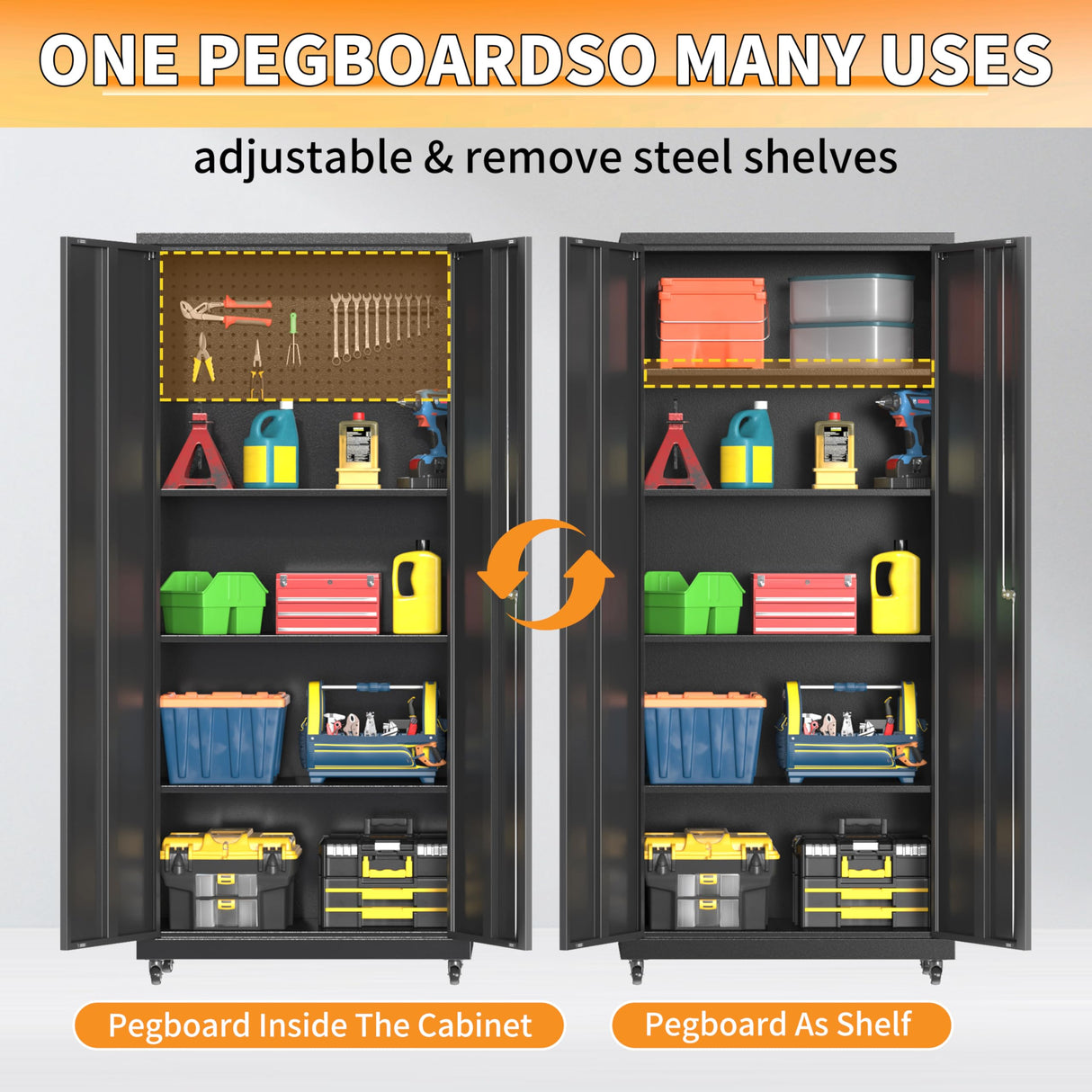 Metal Garage Storage Cabinet with Wheels, 71"H Tool Storage Cabinet with Doors and Adjustable Shelves, Locking Garage Cabinets and Storage System for Utility Home, Warehouse, Workshop, Basement PIYAZEE