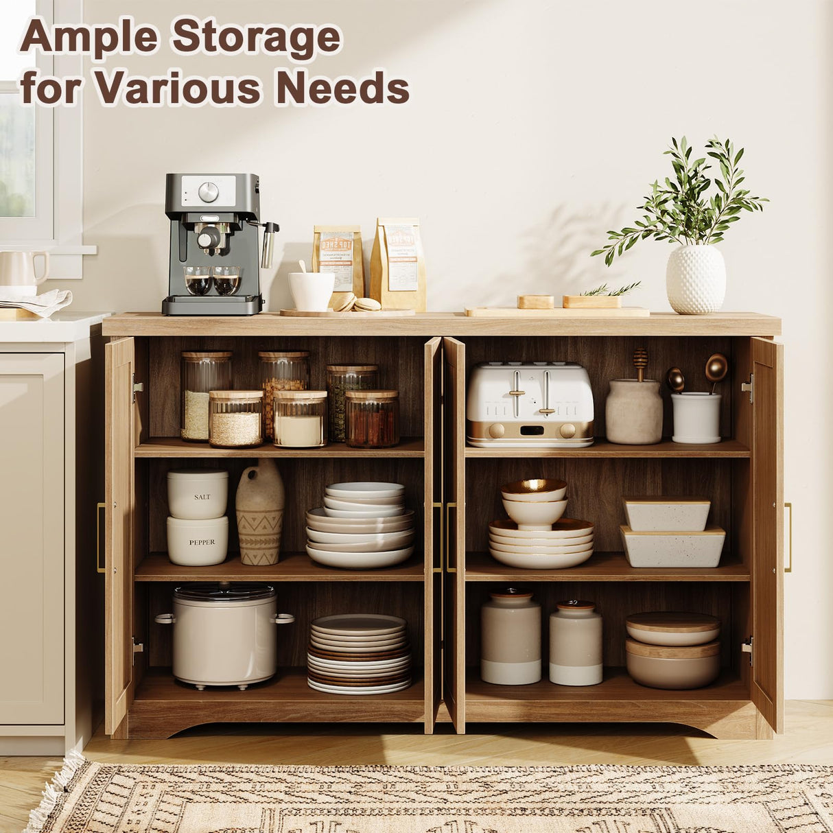 Memobarco Fluted Buffet Cabinet with Storage Accent Sideboard,Modern Credenza with 4 Doors & Adjustable Shelves,Wood Coffee Bar Table Console for Dining Room Kitchen Living Room Entryway,Natural Oak Memobarco