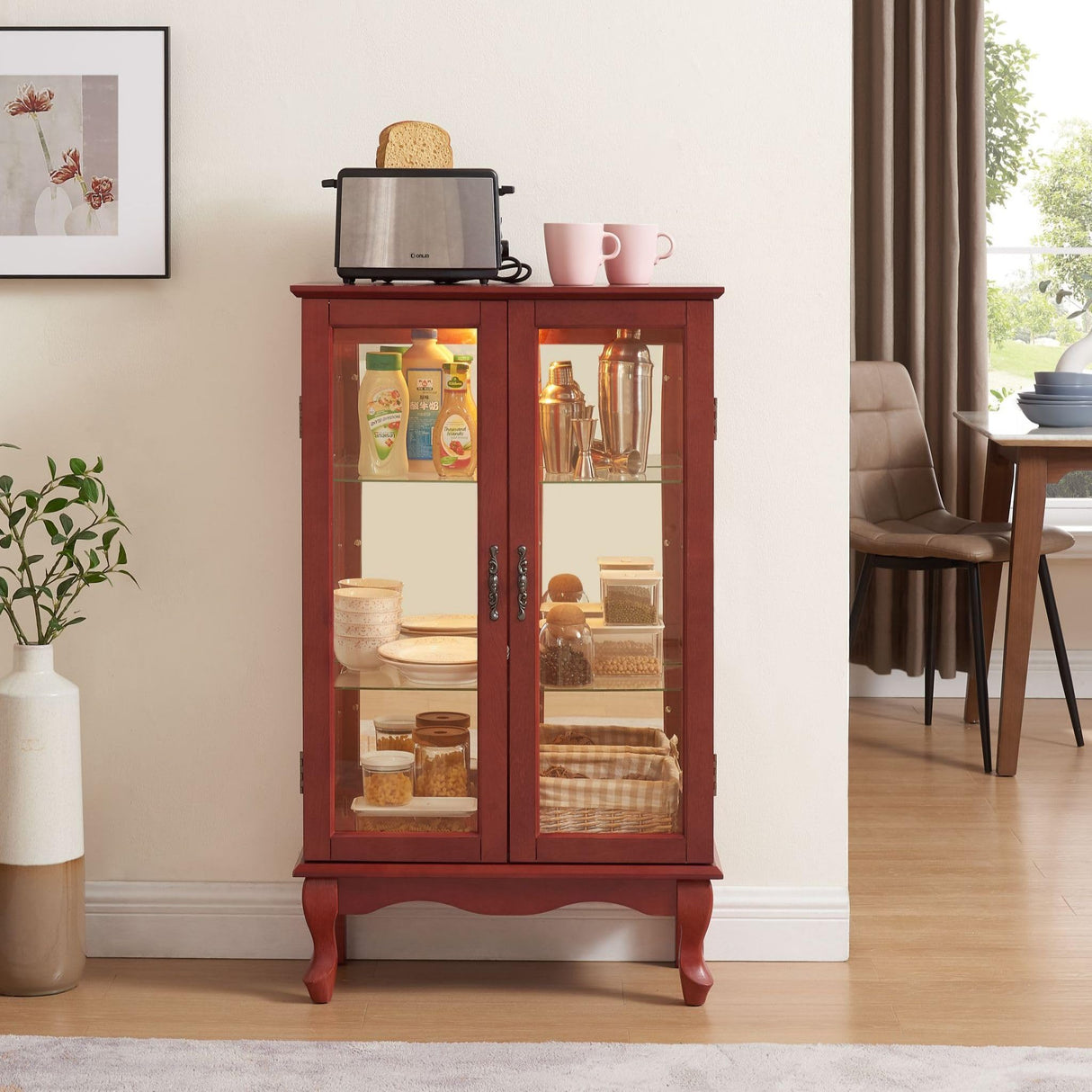 CKEASEAN Curio Cabinet with Tempered Glass Doors, Corner Display Cabinet with Lights,China Storage Cabinet with Mirrored Back Panel and Adjustable Shelves for Bedroom, Living Room (Cherry) CKEASEAN