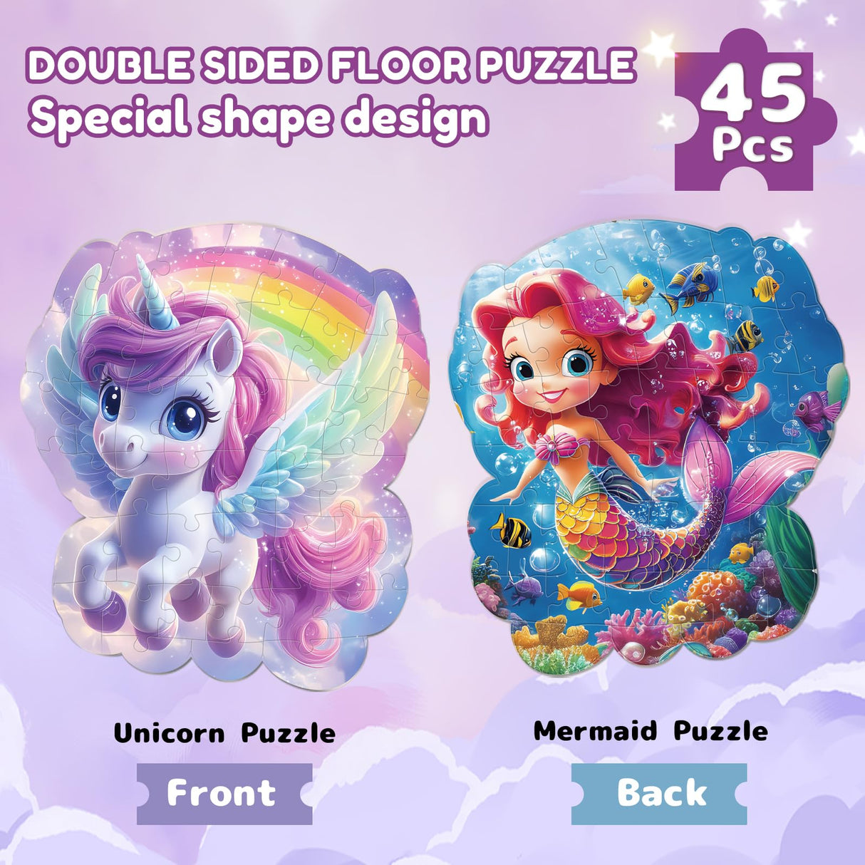 FAMOPLAY 45pcs Unicorn & Mermaid Double-Sided Floor Puzzles, Ages 3-8, 27.6x32 In, Waterproof, EVA Material, Jumbo Jigsaw Puzzle, 1 Set of 45 Pieces FAMOPLAY