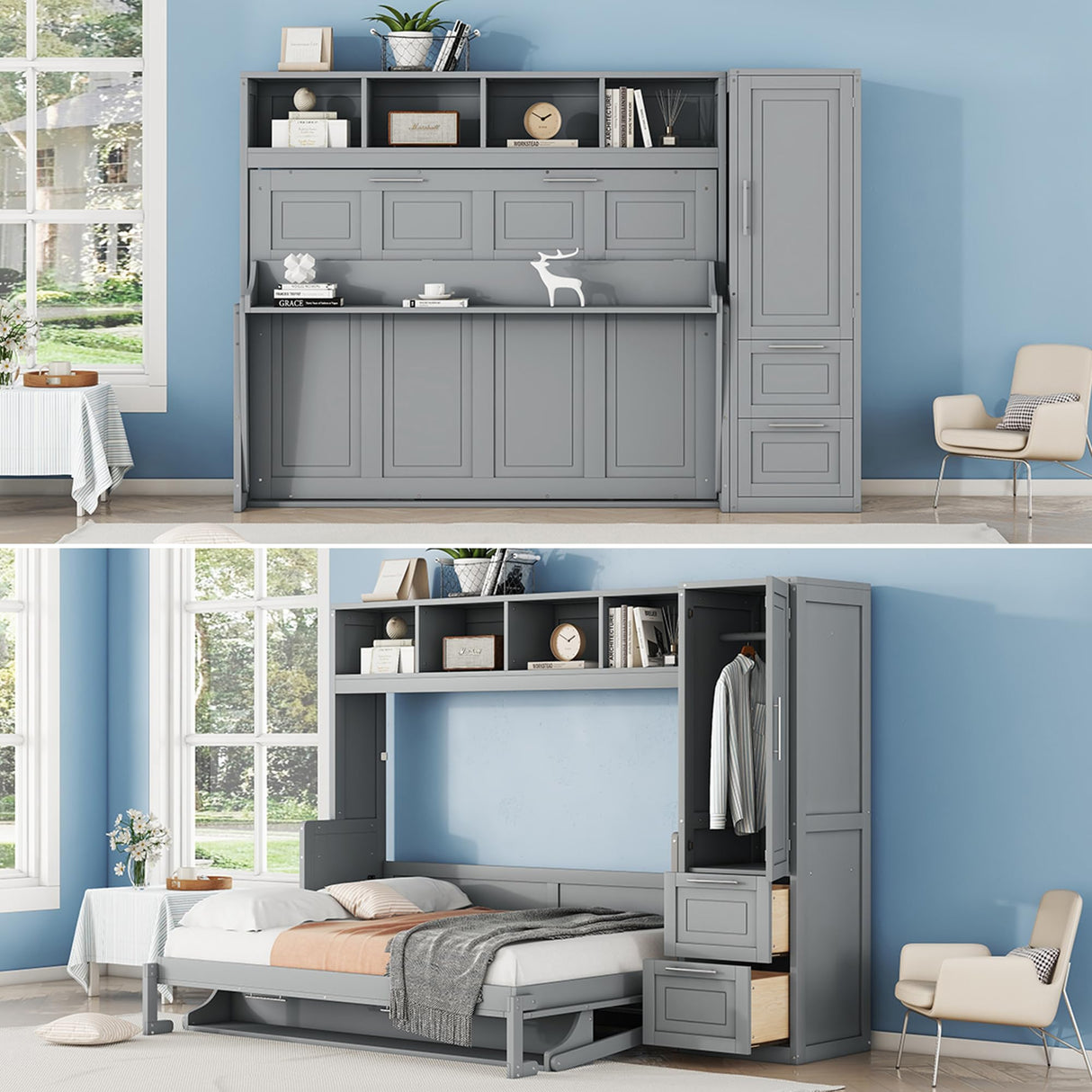 Harper & Bright Designs Full Size Murphy Bed Wall Bed with Closet and Storage Drawers, Shelf and Desk Space-Saving for Multipurpose Guest Room or Home Office, Gray Harper & Bright Designs