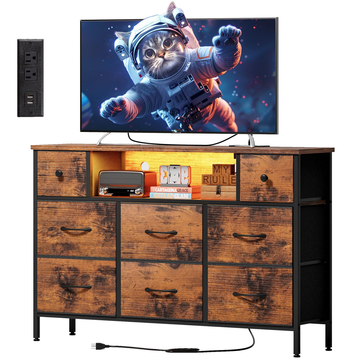 Fixwal Dresser for Bedroom with Power Outlets and LED Lights, Rustic Brown 55" TV Stand with 8 Drawers, Fabric Chest of Drawers with Wood Grain Finish for Entryway Fixwal