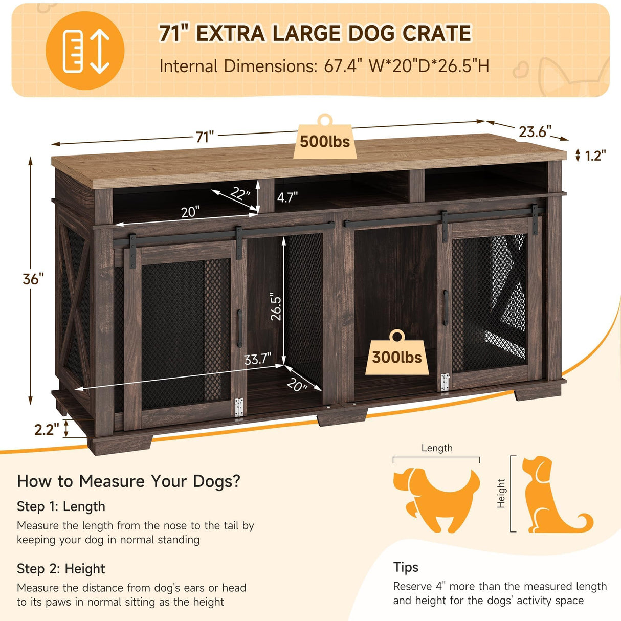 PeakPursuit 71" Extra Large Dog Crate Furniture,Wooden Double Dog Crates Kennel Cage,Furniture Style TV Stand Side End Table for 2 Dogs with Removable Divider for Large Dogs,Dark Walnut/Light PeakPursuit