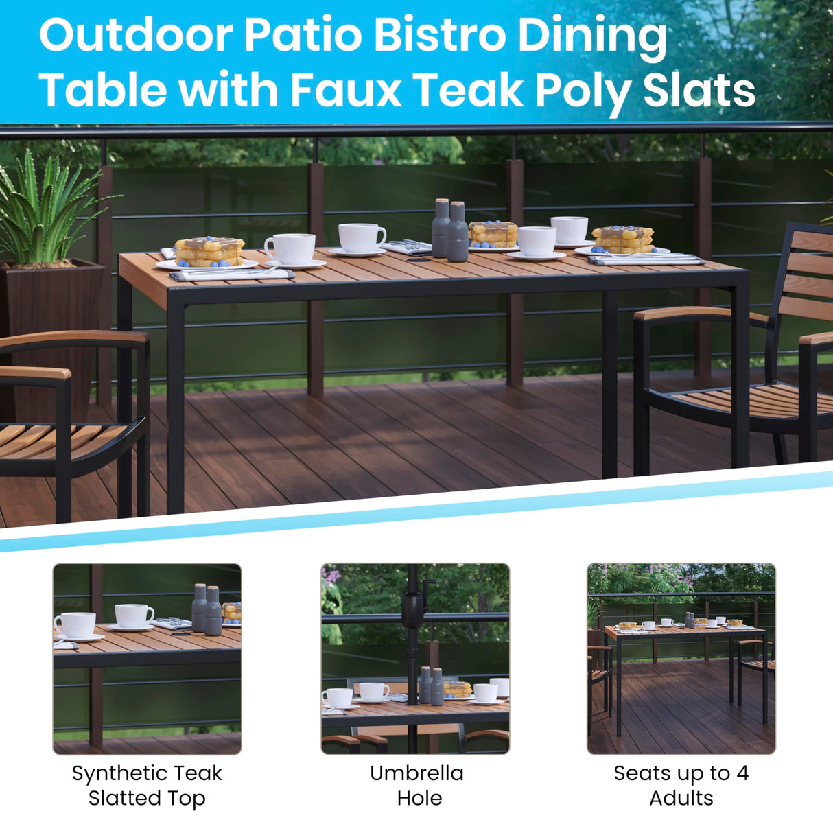 Merrick Lane Calle Patio Dining Set - Five Piece Set - Synthetic Teak Poly Slats - 30" x 48" Steel Framed Table with Umbrella Hole - 4 Club Chairs Merrick Lane