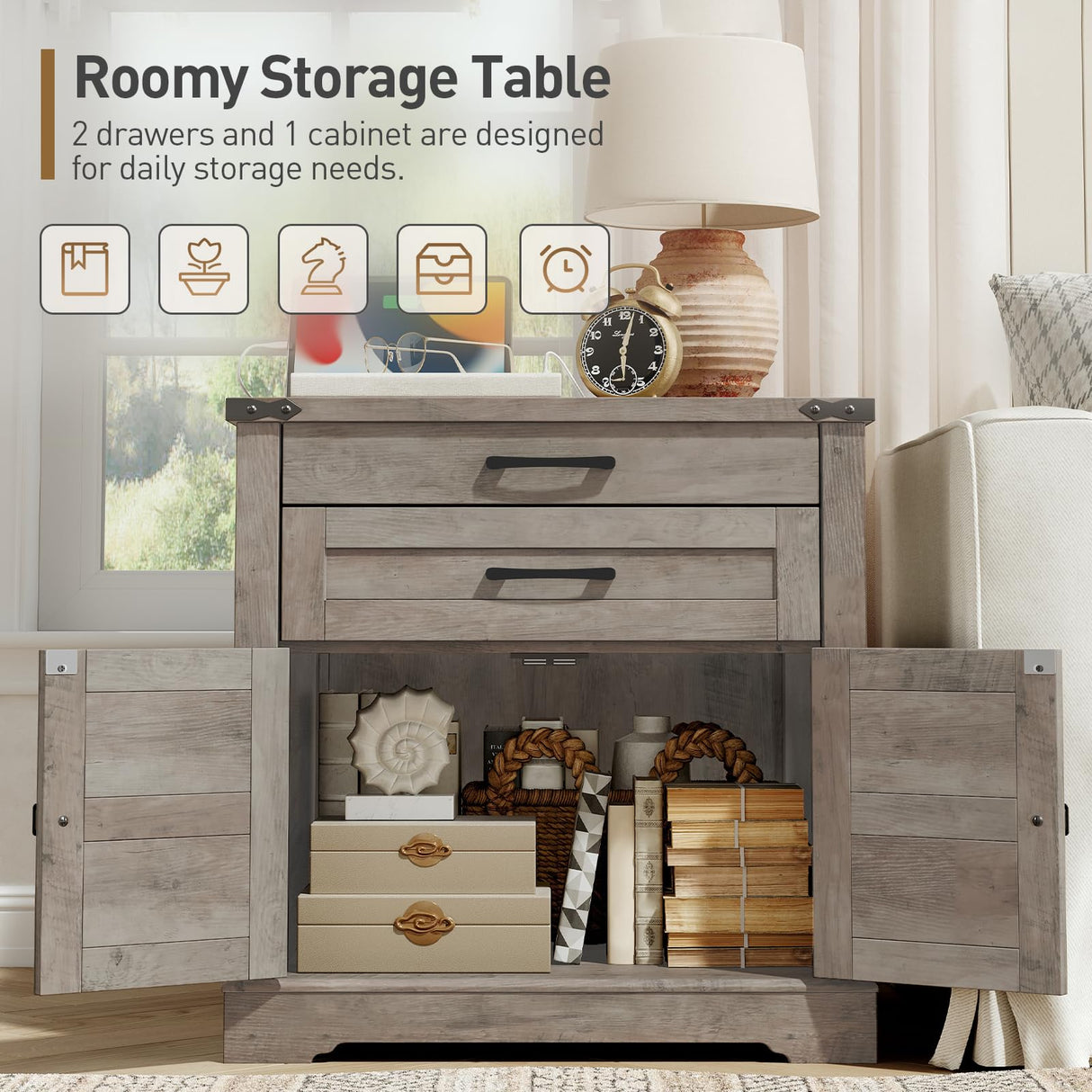 RALGEND Farmhouse End Table with Charging Station, 24'' Sofa Side Table with 2 Drawers and Barn Door, Large Rustic Wooden Square Nightstand for Bedroom, Living Room, Greige RALGEND