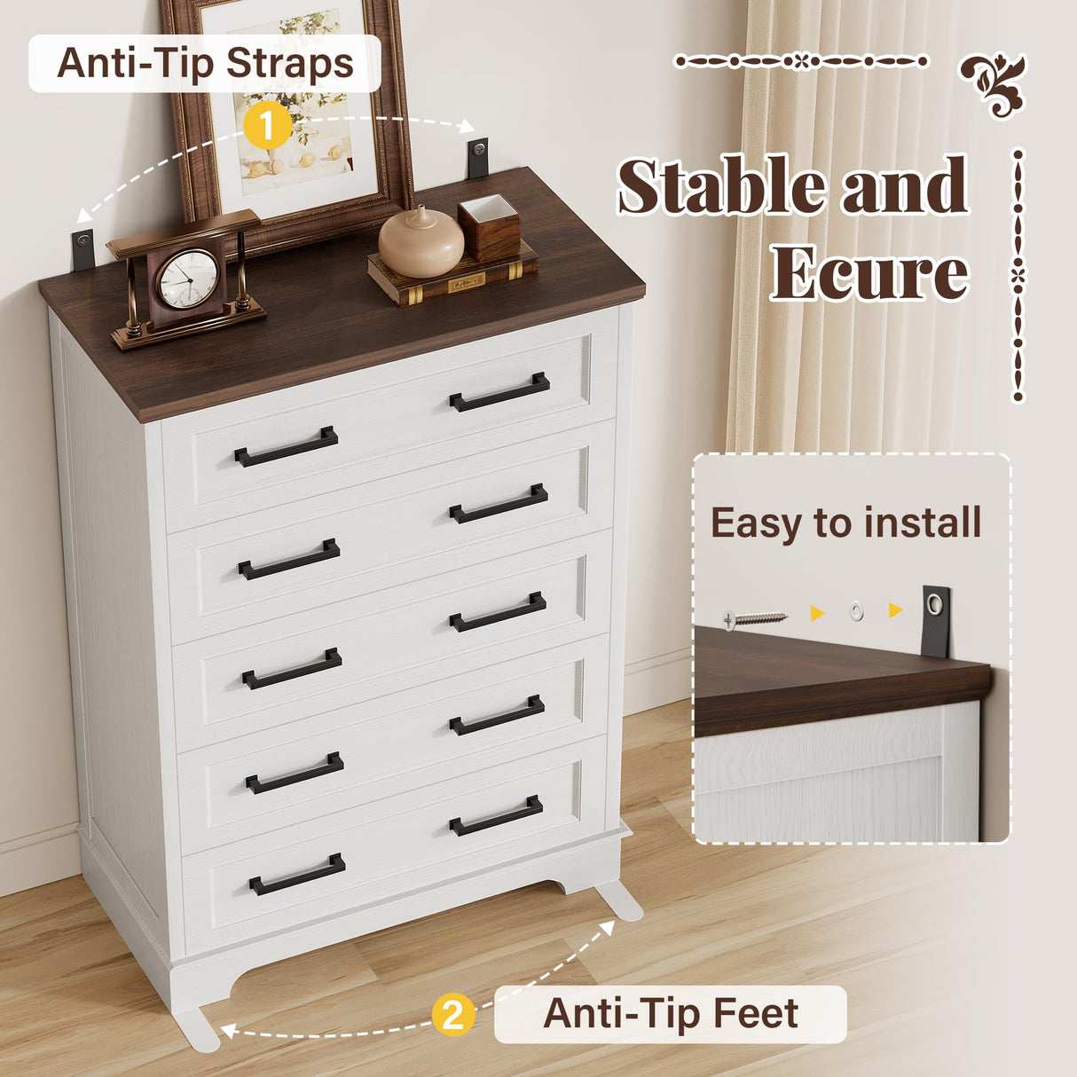 Furmax Farmhouse Dresser for Bedroom, 5 Drawers Dresser, Wood Chest of Drawers, 31.5" Wide Storage Dressers Organizer for Bedroom, Living Room (White and Brown) Furmax