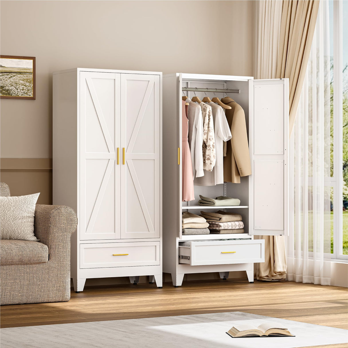 YAUWOH Farmhouse Wardrobe Cabinet with One Drawers,Metal Wardrobe Closet with Hanging Rod,Metal Armoire with Adjustable Shelves for Bedroom,Cloak Room,Office (White) YAUWOH