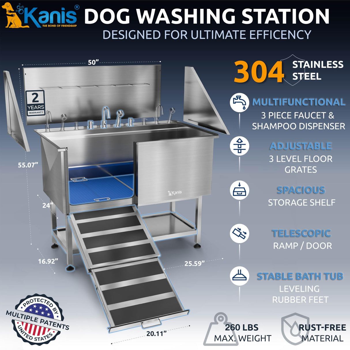 KANIS Professional Dog Washing Station - 304 Stainless Steel Pet Wash Sink & Grooming Bathtub w/Shower, Floor Grates and Storage for Large, Medium & Small Pets (50", Shelf - Left Ramp) KANIS