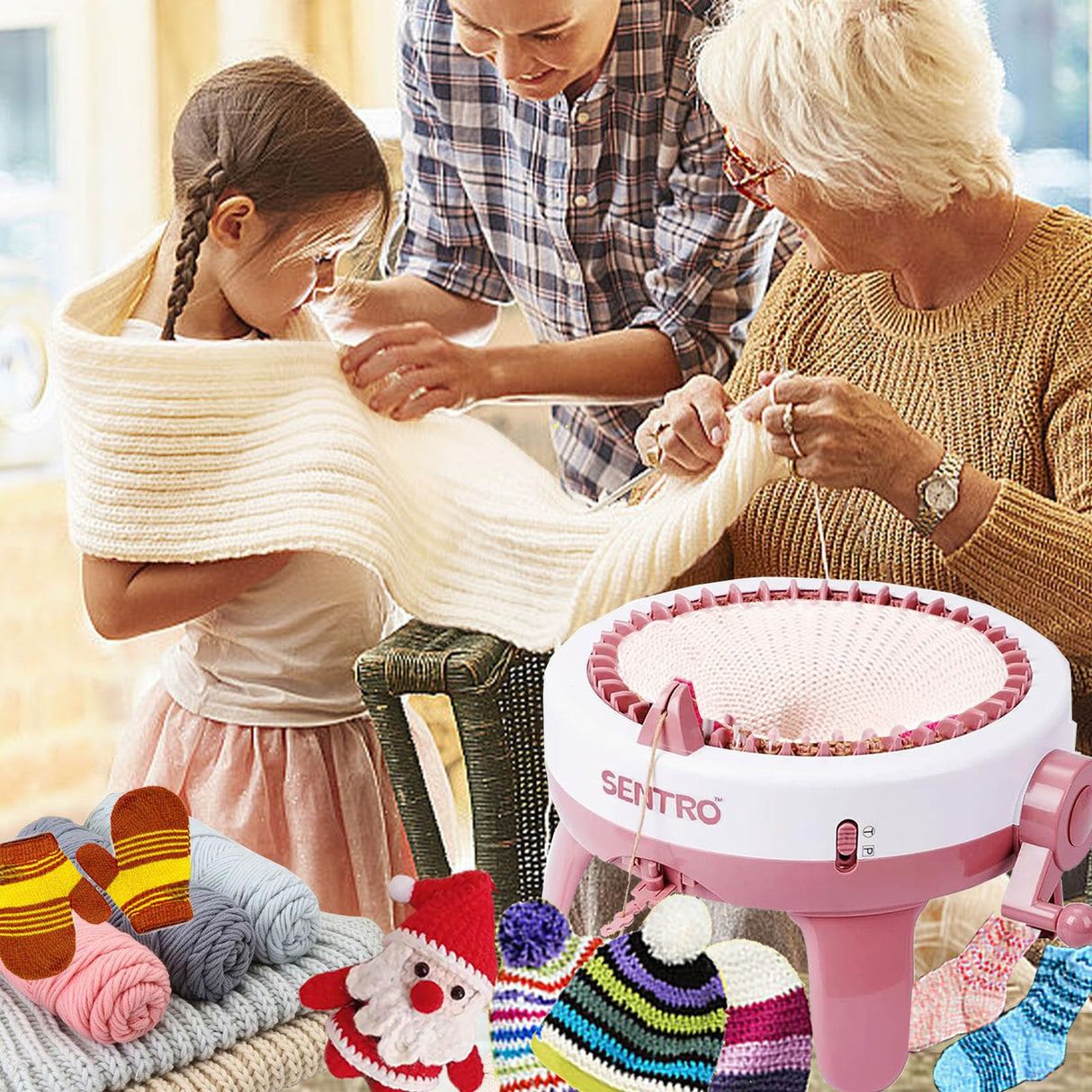 Sentro Knitting Machine 48 Needles Smart Crochet Knitting Machine with Row Counter for Adults and Beginners, Automatic Circular Weaving Knitting Loom Machine Kit for Hat,Socks,Scarves,Gloves Cyandream