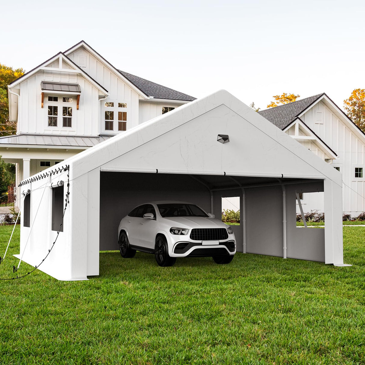 Benass Carports 20x20 Heavy Duty, Portable Garage 20x20 with 2 Roll Up Zipper Doors and Mesh Windows, Driveway Car Port Canopy, White Benass