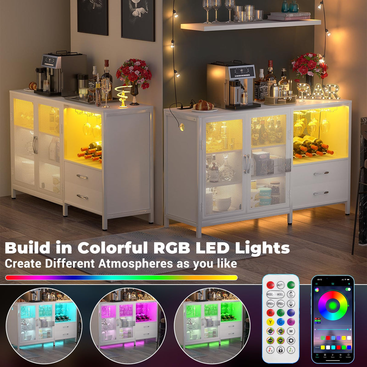 Cyclysio Multifunctional Wine Bar Cabinet with Charging Station, LED Lights and Ample Storage in White Cyclysio