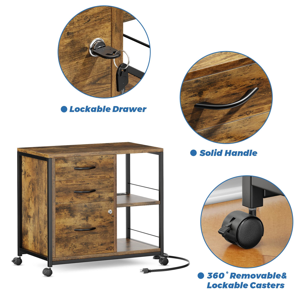 Lulive File Cabinet for Home Office, Filing Cabinet with Lock and USB Charging Port, 3 Drawer File Cabinet, Rolling File Cabinet with Storage for A4, Letter Size, Rustic Lulive