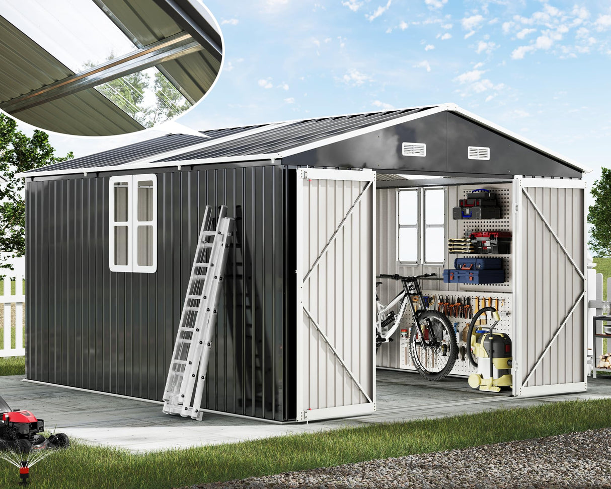 AMERLIFE 10x12x7 FT Galvanized Steel Storage Shed with 2 4-Pane Windows Hinged Double Doors, Outdoor Shed for Backyard, Garden, Patio, Dark Grey/White AMERLIFE