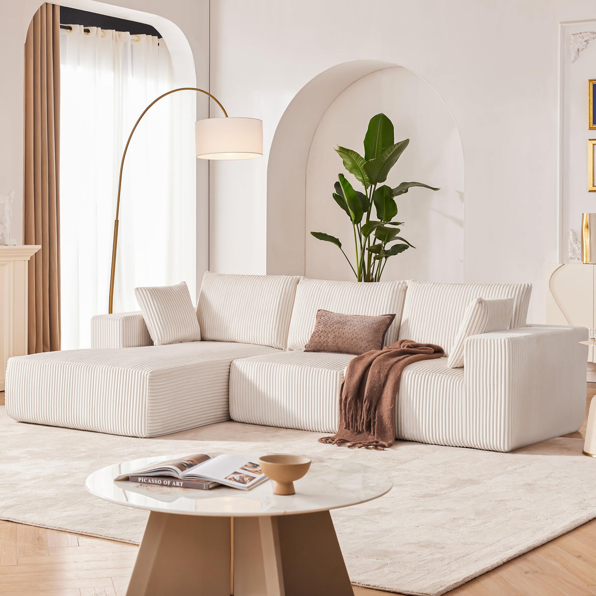 Huatean Home 108” Modular Sectional Sofa, Sponge Sectional Sofa Couch for Living Room, Modular L-Shape Sofa Couch with Chaise, Ivory Huatean Home