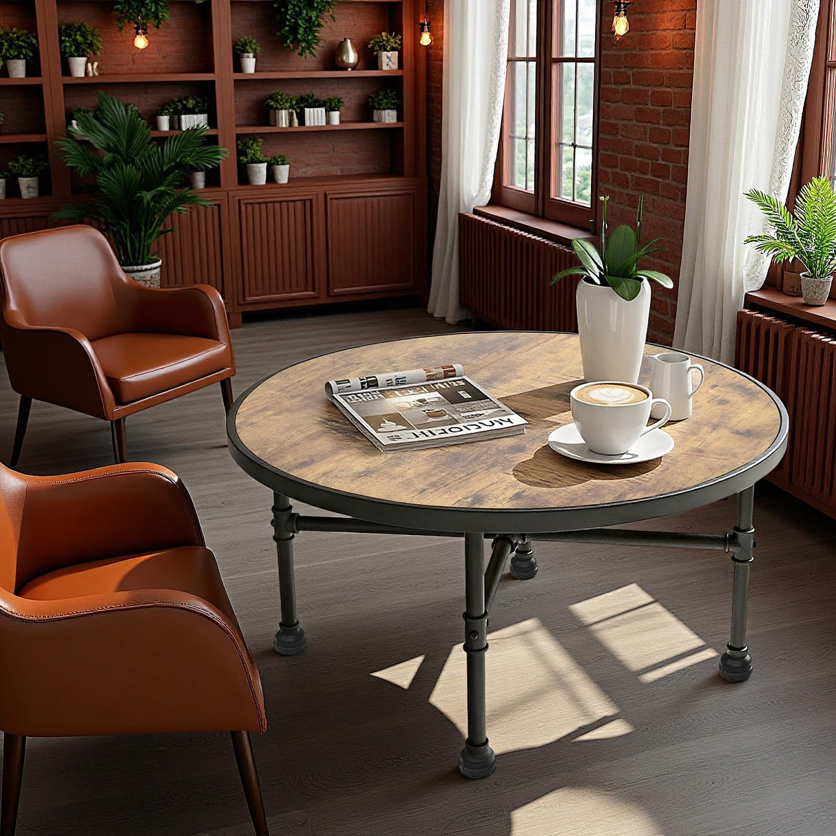 ZYUXUAN Industrial Round Coffee Table, Circle Wood Pottery Barn Coffee Table with Heavy Duty Metal Pipes Legs, Accent Cocktail Table Center Table with Open Shelf Storage for Living Room Home ZYUXUAN