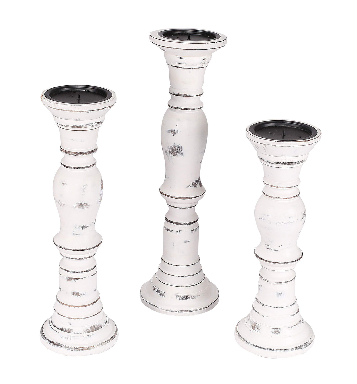 Candle Stands Wooden for Pillar Candles,Rounded Turned Colums, Sustainable Woods, Country Style, Idle for Reiki, Aromatherapy, Votive Candle Garden Home décor - 16,14,12 Inch Set of 3 - White Antique The Wooden Town