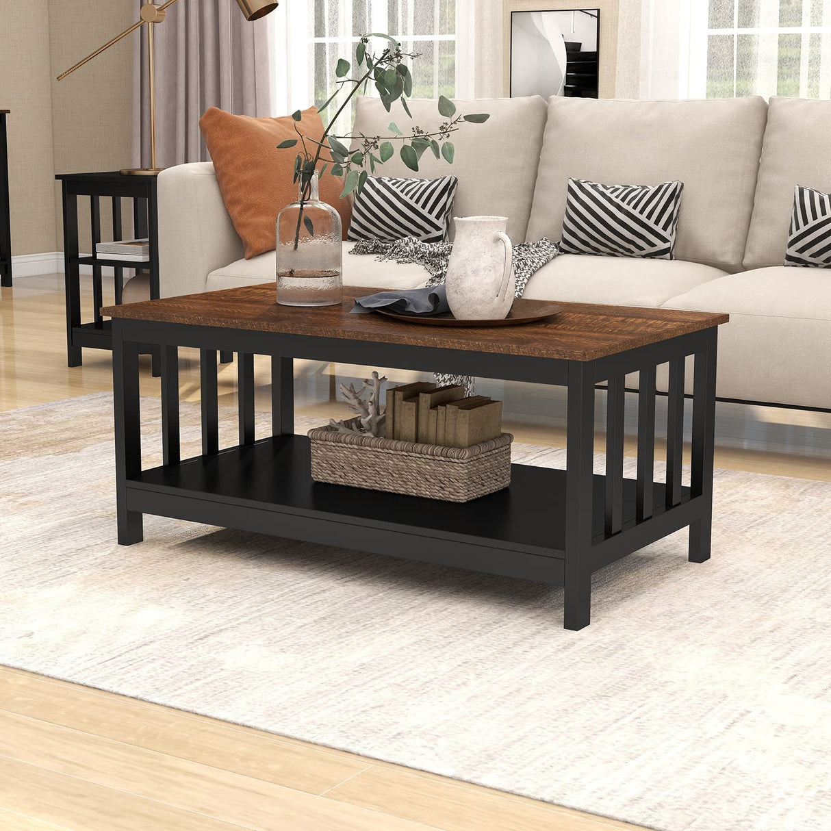 ChooChoo Farmhouse Coffee Table, Black Living Room Table with Shelf, 40 Inch ChooChoo