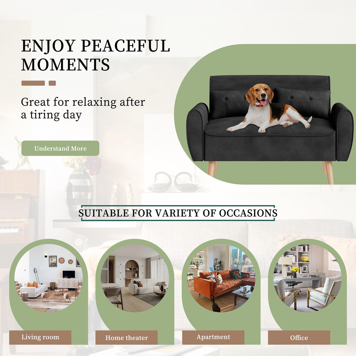 Vongrasig 47" Small Modern Loveseat Sofa, Mid Century Linen Fabric 2-Seat Sofa Couch Tufted Love Seat with Back Cushions and Tapered Legs for Living Room, Bedroom and Small Space (Black) Vongrasig