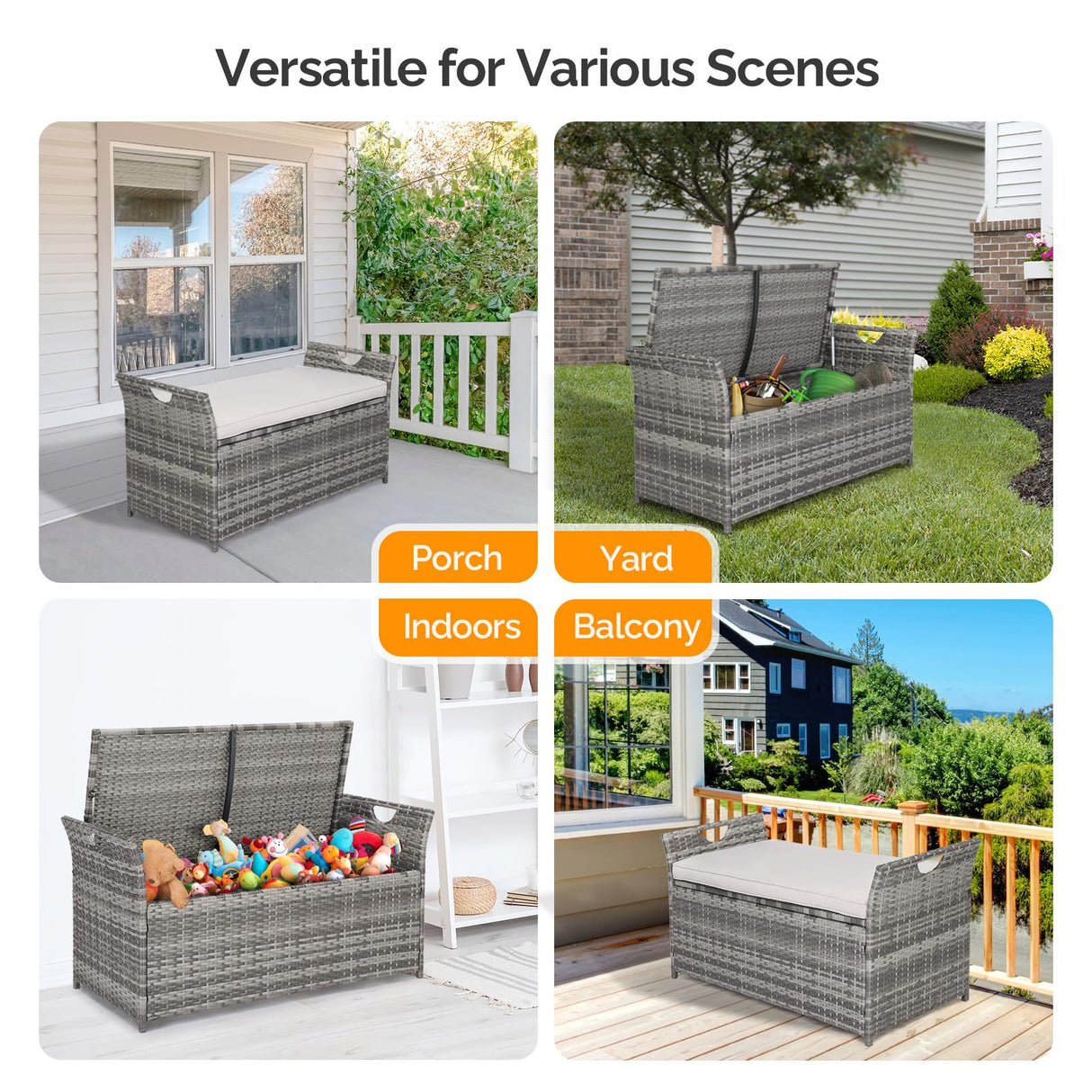 VINGLI 40 Gallon Outdoor Storage Bench with Cushion, Rattan Storage Box, Patio Wicker Deck Box with Seat for Garden | Balcony | Porch | Pool | Yard (Grey Frame + Light Grey Cushion) VINGLI