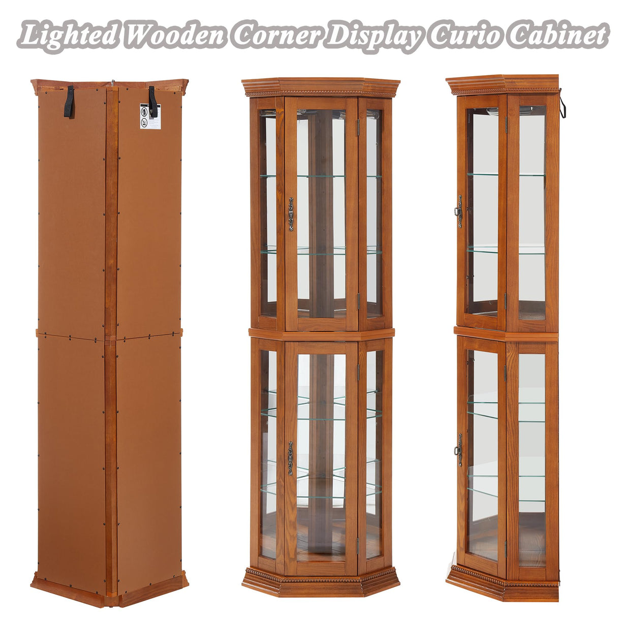 XZTUAJ 69" H Corner Curio Cabinet with Light,3-Side Glass Corner Display Case with Adjustable Shelves & Tempered Glass Doors,Curved Wooden Showcase Corner Storage Rack for Living Room & Kitchen (Oak) XZTUAJ