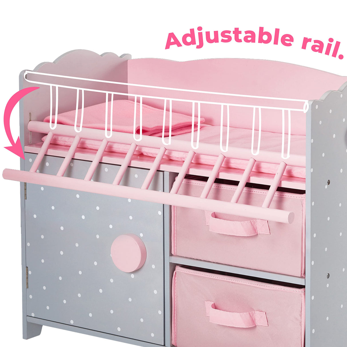 Olivia's Little World Wooden Baby Doll Crib with a Cabinet and Two Cubbies for Doll Accessory Storage Underneath, Pink and Gray and White Polka Dots Olivia's Little World