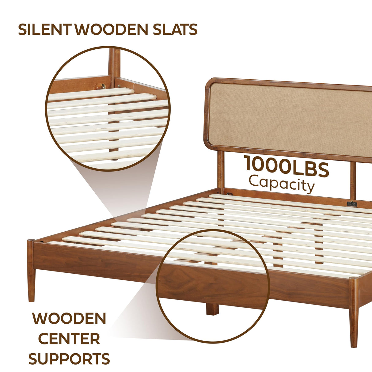 NTC Lupin Wooden Bed Frame with Headboard, Crafted from Walnut, Rubber Wood with Silent Slats and Wood Central Supports, 1000 Lb Capacity, Effortless Assembly, King - Dark Walnut NTC