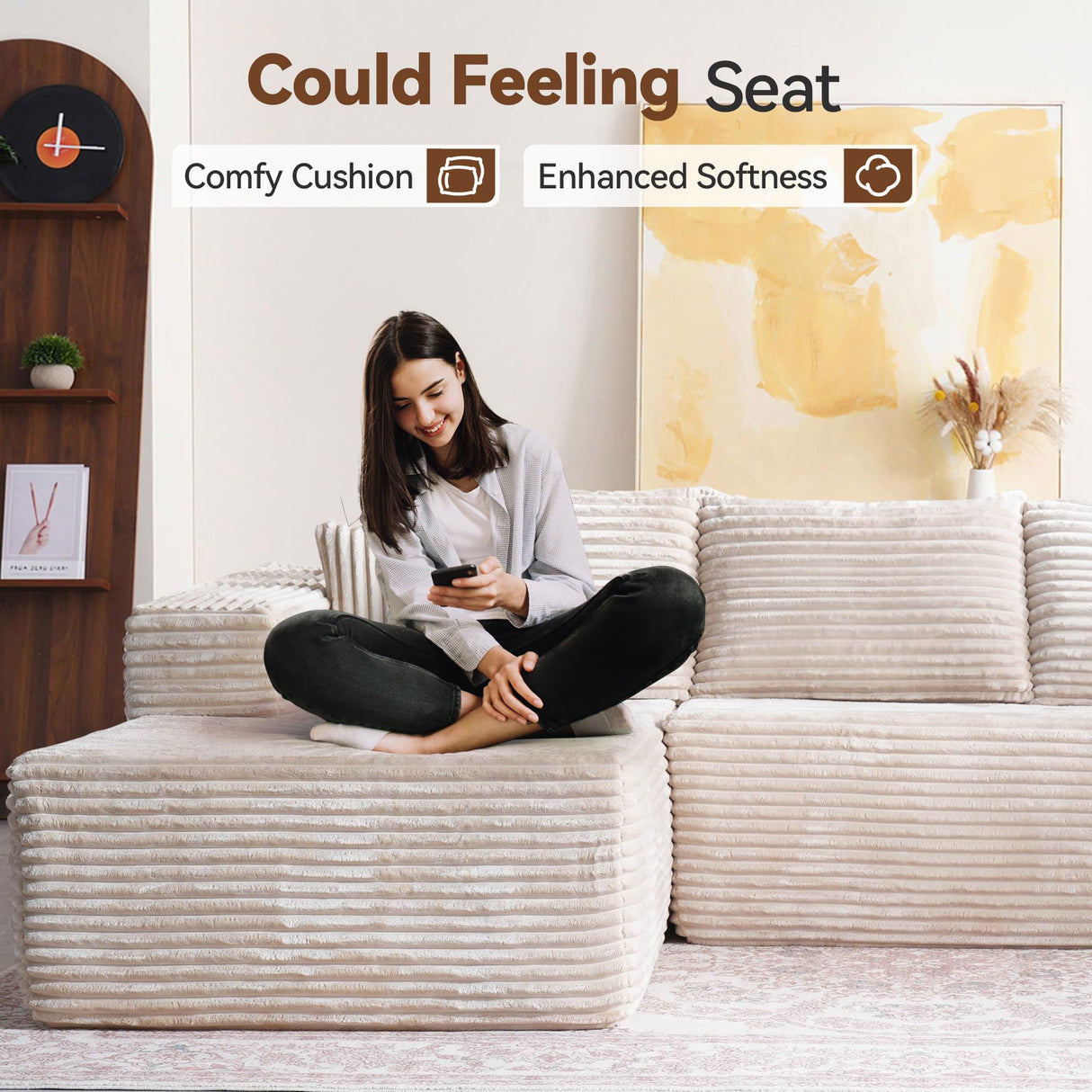 CAODOC 104" Cloud Sectional Couch with Comfy Chaise, Boneless L Shape Sofa with Deep Seat, Minimalist Modular Couches Sleeper for Living Room Bedroom Apartment Lounge,Beige CAODOC