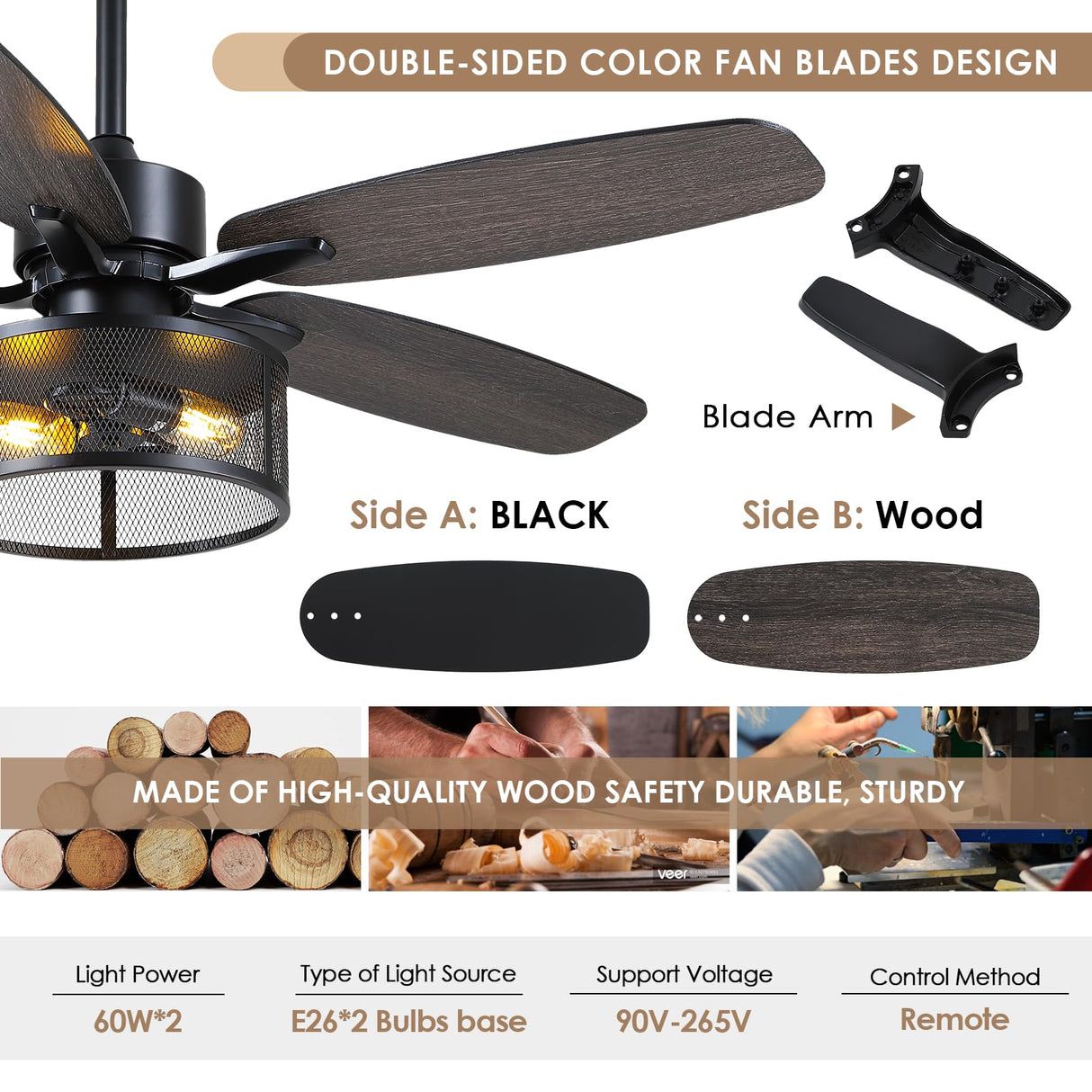 Farmhouse Ceiling Fan with Light and Remote,48" Black Industrial Caged Flush Mount Ceiling Fans for Bedroom,Living room Rustic Fandelier for Patio 6 Speed Reversible,5 Dual Blades Indoor/Outdoor Hounberi