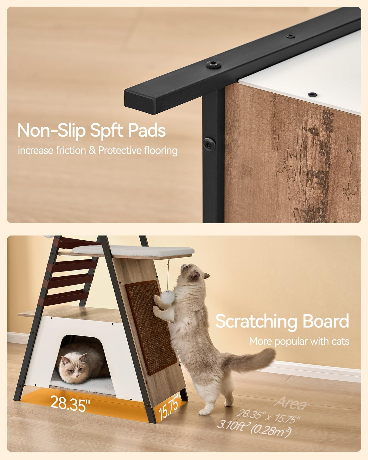 FourFurPets 72.4" Cat Tree, Modern Cat Tower for Indoor Cats, Multi-Level Cat Condo with Caves, Tall Cat Tree with Cat Scratching Board, Wooden Cat Tower with Large Perch, Removable Pads, Camel Brown FourFurPets