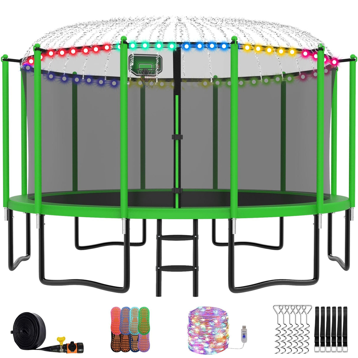 YORIN Tranpoline 16FT Tranpoline for Kids 1500LBS Tranpoline with Basketball Hoop, Enclosure Net, Back Yard Outdoor Recreational Tranpolines with Light, Sprinkler, Socks, Amazing Green YORIN