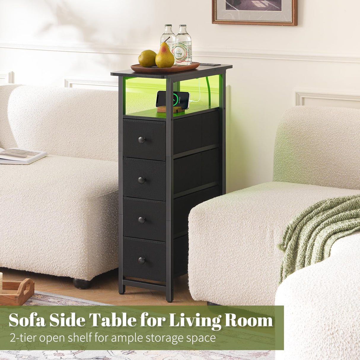 Yoobure Narrow Dresser for Bedroom, LED Skinny Nightstand with Charging Station, Small Dresser Night Stand, Slim Tall Bedside Table Storage Cabinet, Narrow Side Table for Small Spaces Yoobure