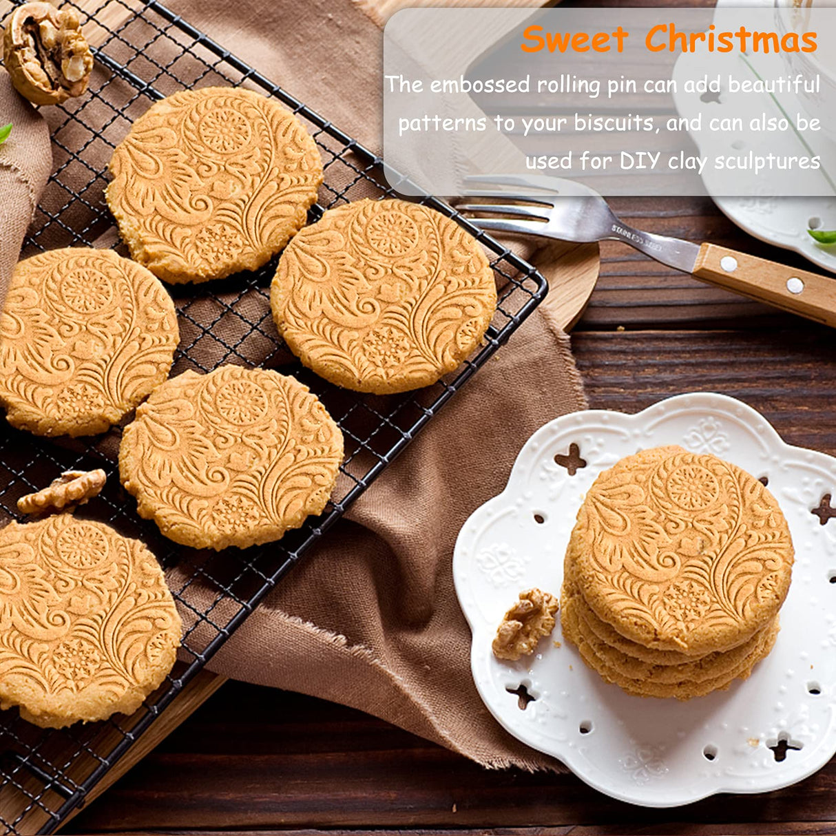 Embossed Wooden Rolling Pin, Embossing Rolling Pin for Baking Fondant, Pizza, Pie, Pastry, Pasta, Dough, Cookies, Suitable Christmas, Father and Mother's Gift RDGDFONG