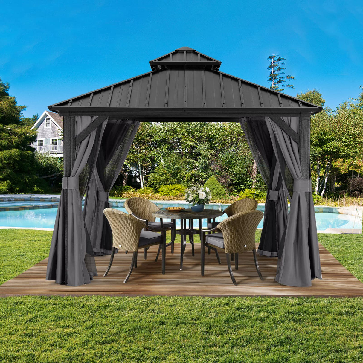 ABCCANOPY Hardtop Gazebo 8x8 - Outdoor Metal Hard Top Gazebo, Permanent Galvanized Steel Aluminum Framed Pavilion with Netting and Curtain for Patio Backyard Lawn Garden (Double Roof, Gray) ABCCANOPY