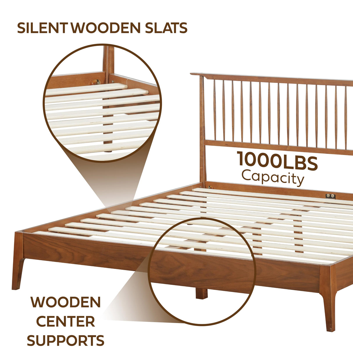 NTC Ruby Wooden Bed Frame with Headboard, Crafted from Walnut, Rubber Wood with Silent Slats and Wood Central Supports, 1000 Lb Capacity, Effortless Assembly, King - Dark Walnut NTC