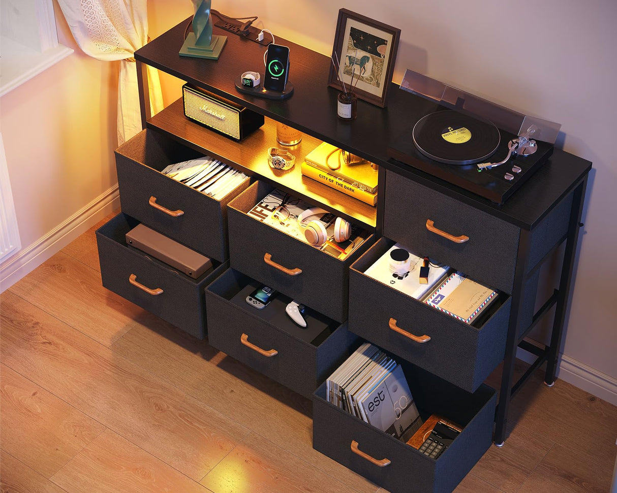 AODK Dresser with LED Lights and Power Outlet, 52-Inch Long Dresser TV Stand for Bedoom, Fabric TV Stand with 7 Large Storage Drawers and Shelves for Living Room, Black and Dark Grey AODK