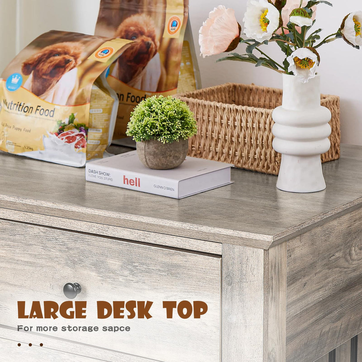 LEMBERI 44 Inch Large Dog Crate Furniture, Wooden Dog Kennel End Table with Storage Drawers, Decorative Pet Crates Dog House Indoor for Dogs LEMBERI