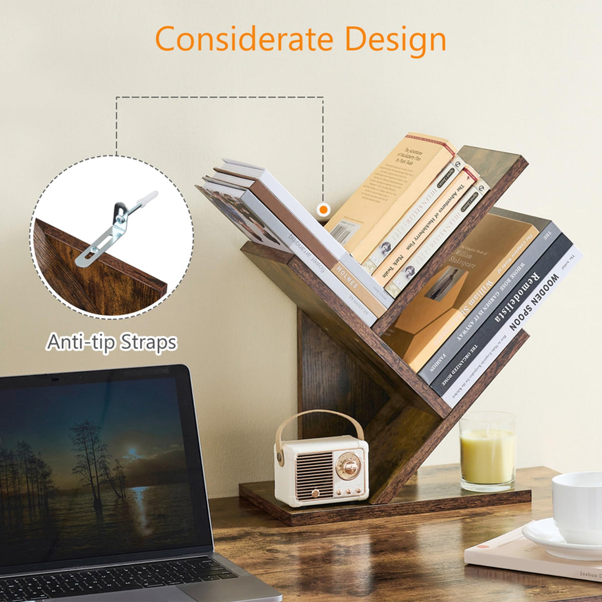 Tajsoon Tree Bookshelf 3 Tier Book Storage Organizer Shelves, Desktop Bookshelf Floor Standing Bookcase Display for CDs/Magazine/Books, Small Bookshelf for Bedroom, Living Room Office, Rustic Brown Tajsoon