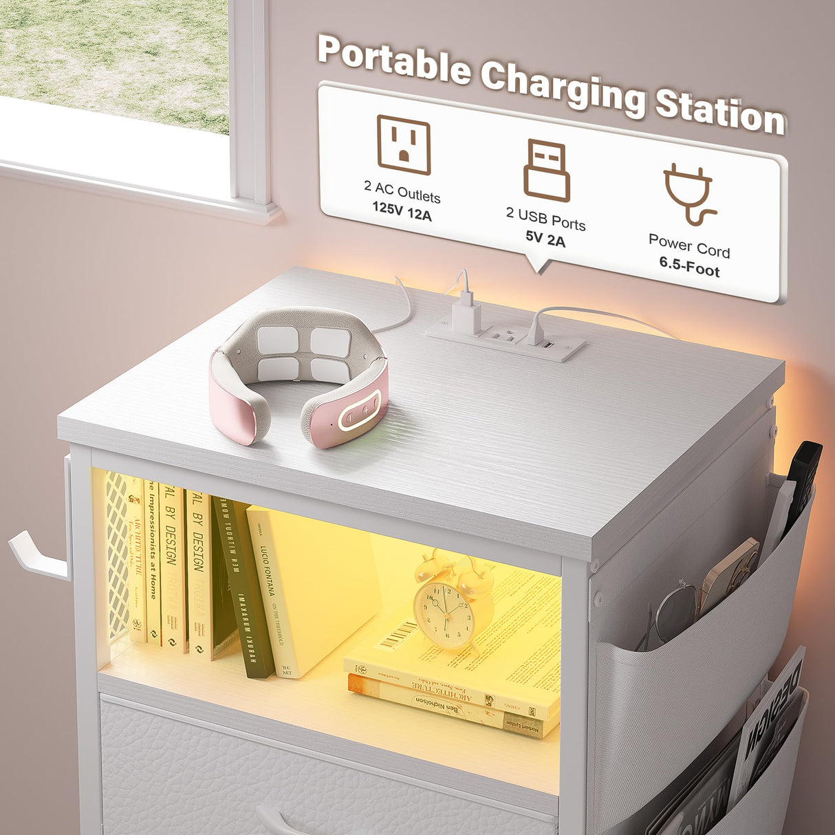 Enhomee Nightstands Set of 2 Nightstand with Charging Station & LED Lights Tall Nightstand with Cloth Bags & Hooks Modern Night Stand with Dresser Drawers and Storage Shelves White Nightstand Set of 2 EnHomee