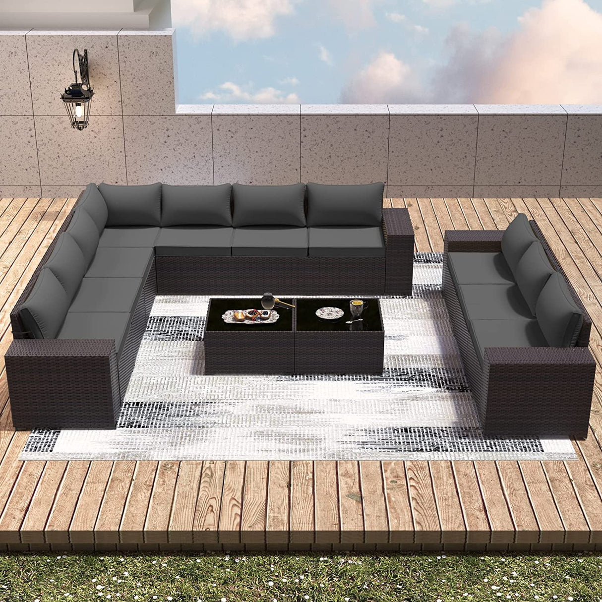 RTDTD Outdoor Patio Furniture Set, 12 Pieces Outdoor Furniture All Weather Patio Sectional Sofa PE Wicker Modular Conversation Sets with Coffee Table,10 Chairs & Seat Clips Grey RTDTD