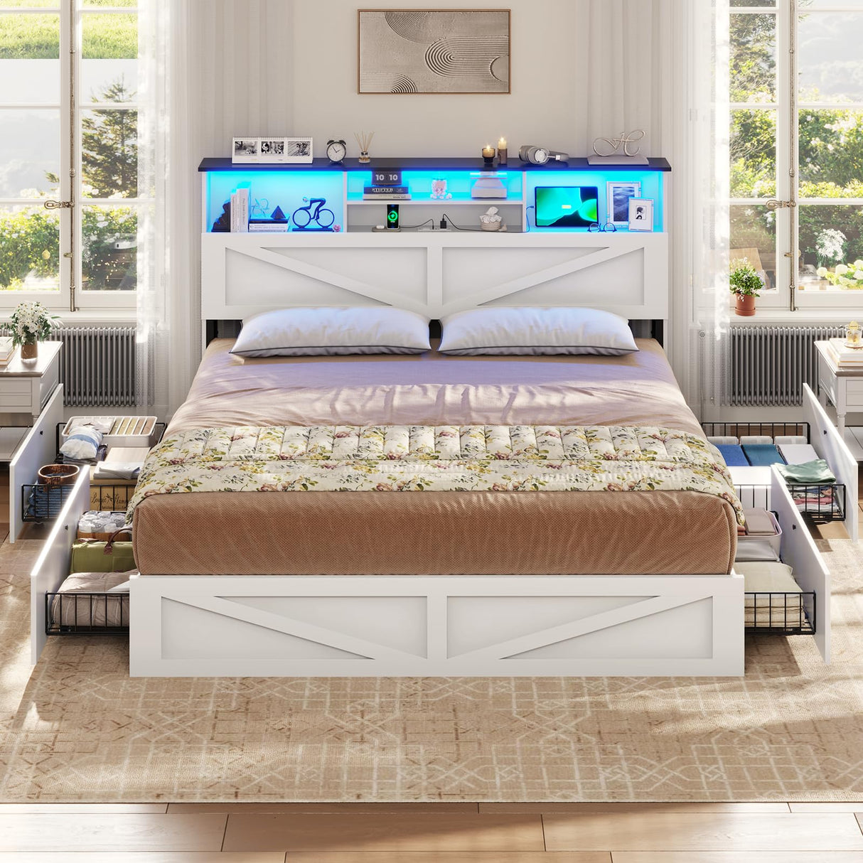 VIAGDO Farmhouse Bed Frame King Size with Bookcase Storage Headboard, Charging Station and LED Lights, Wooden King Bed Frame with 4 Drawers, Barn Door Design, No Box Spring Needed, No Noise, White VIAGDO