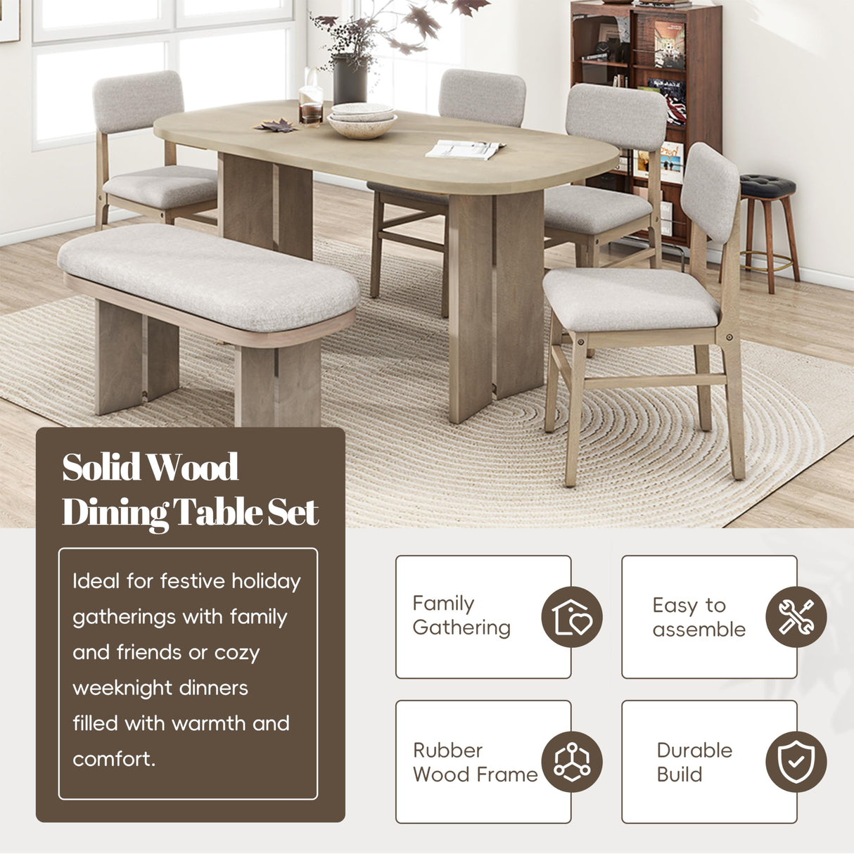 Merax Farmhouse Wooden Dining Set of 6, 65 Inch Rectangular Kitchen Table, Upholstered 4 Chairs with Backrest, Bench with Cushion, Easy Assemble, Natural Merax