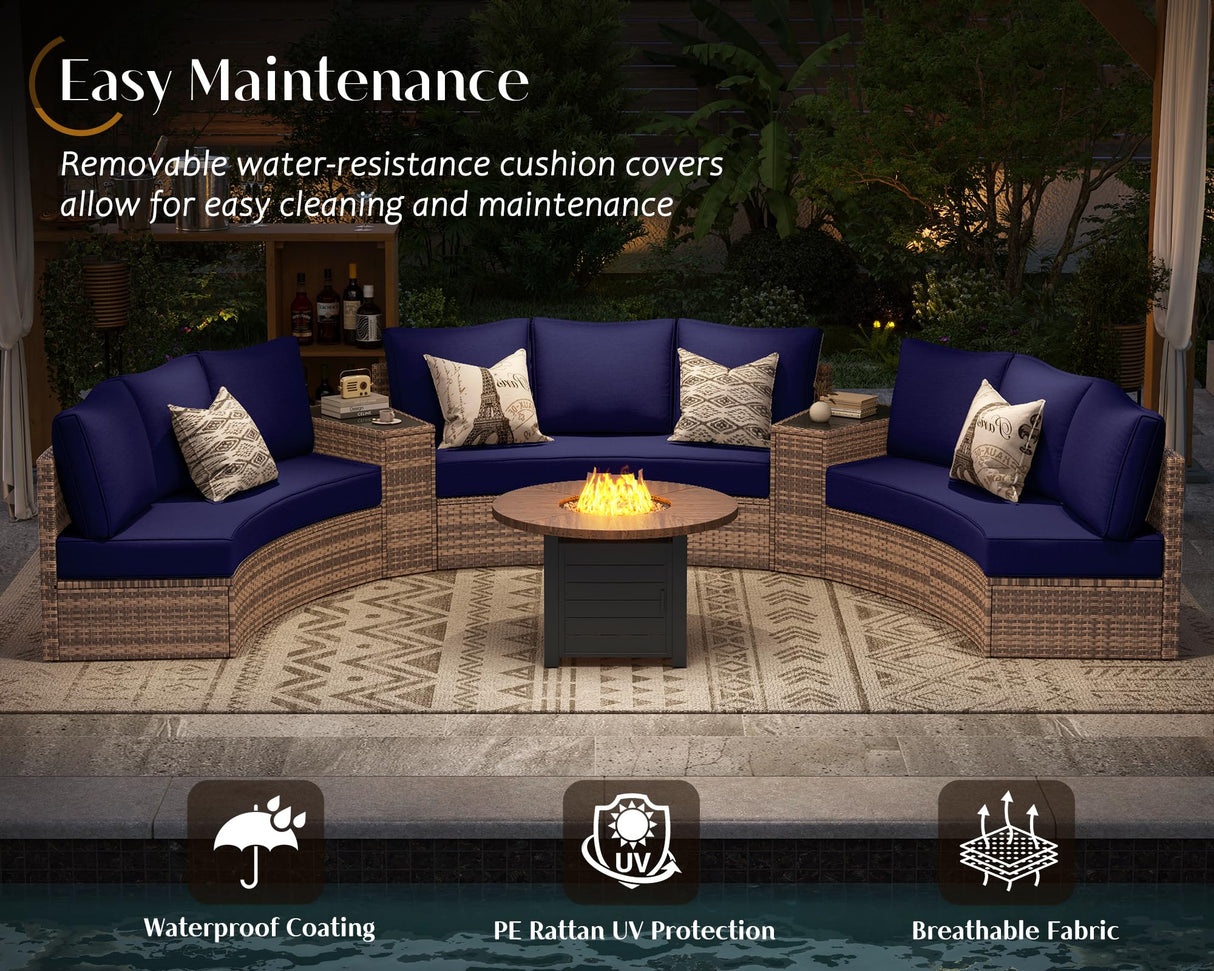 PaPaJet 11-Piece Patio Furniture Set, Half-Moon Outdoor Wicker Sectional Sofa with Large Storage Wedge Table, All-Weather Wicker Conversation Set for Backyard, Garden, or Deck, Blue PaPaJet